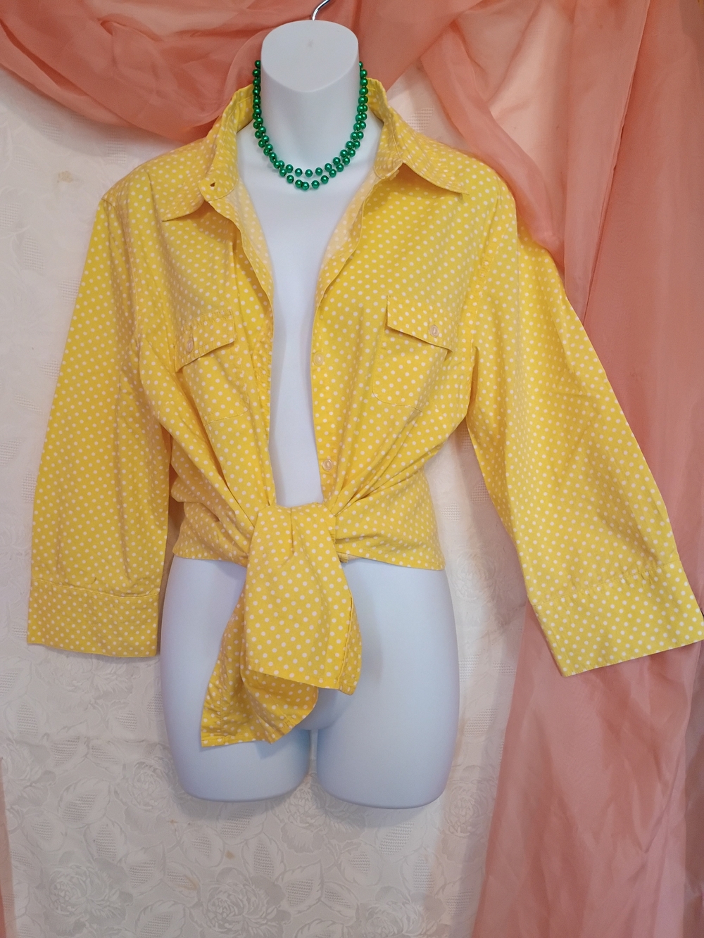 Chico's Ladies Yellow Polka Dot Tie-Front Button Down Shirt Sz XL